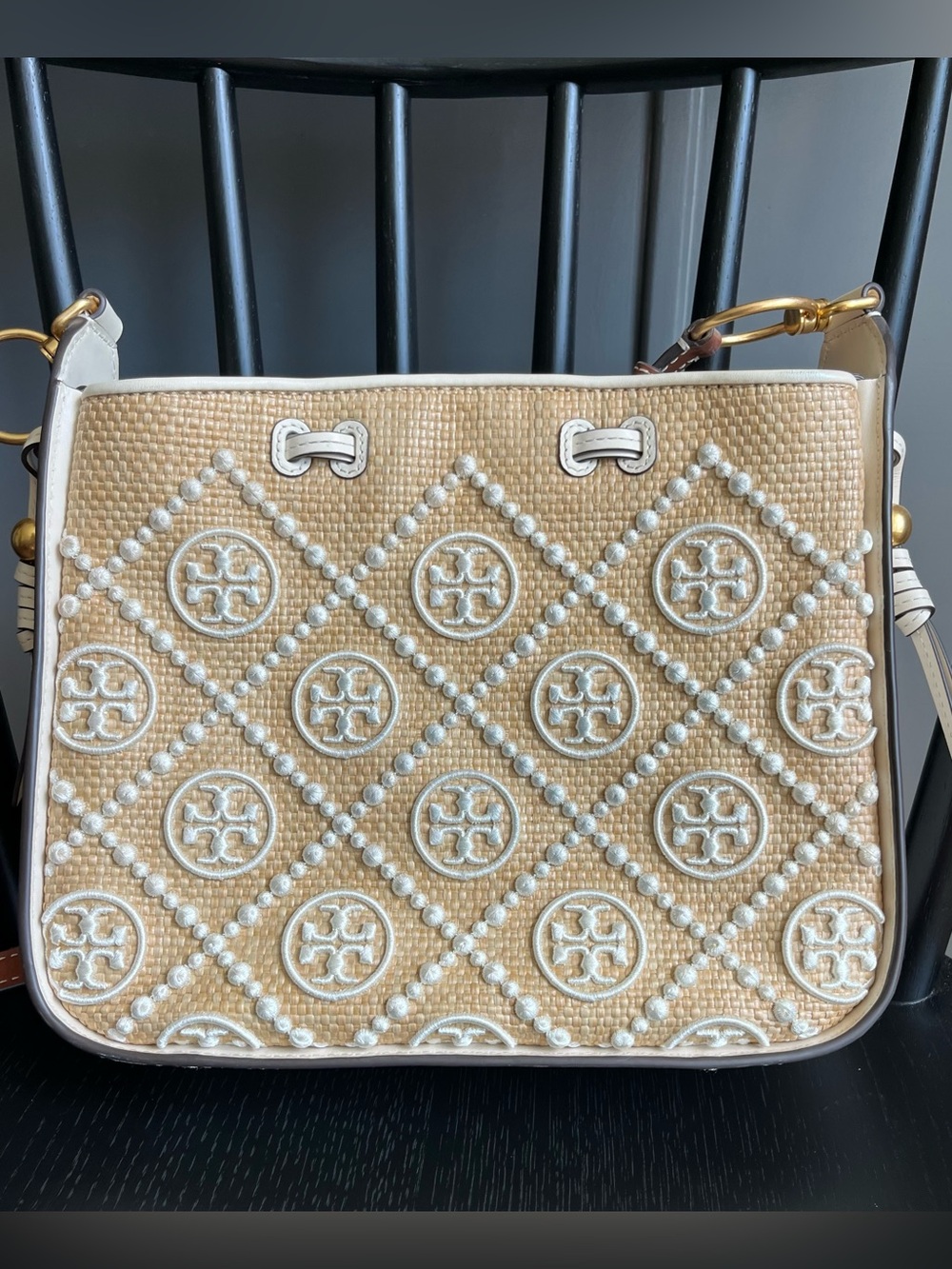 Tory Burch Jacquard Straw Monogram Bag - Picture 2 of 3